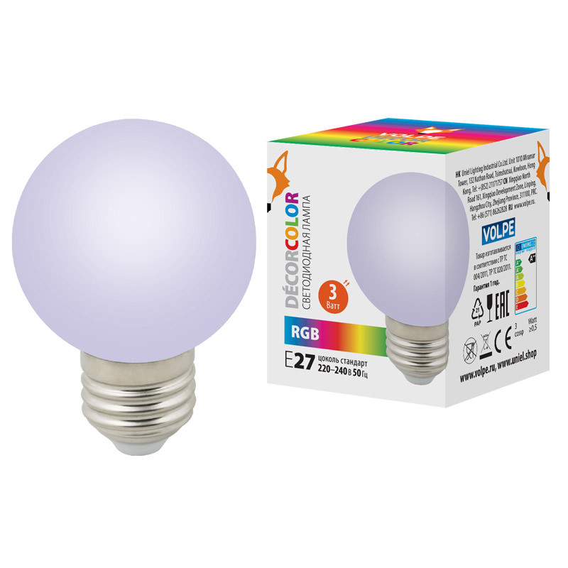 Лампа декоративная светодиодная LED-G60-3W/RGB/E27/FR/С Форма шар матовая.Цвет RGB Картон ТМ Volpe