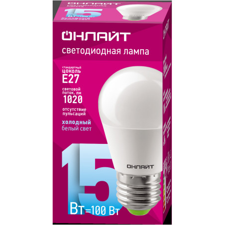 Лампа светодиодная 15вт OLL-G45-15-230-6.5K-E27-FR ОНЛАЙТ