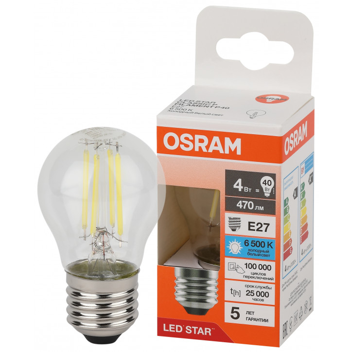 Лампа светодиодная филаментная LED Star Шарообразная 4Вт (замена 40Вт), 470Лм, 6500К, цоколь E27 OSR Лампа светодиодная филаментная LED Star Шарообразная 4Вт (замена 40Вт), 470Лм, 6500К, цоколь E27 OSR