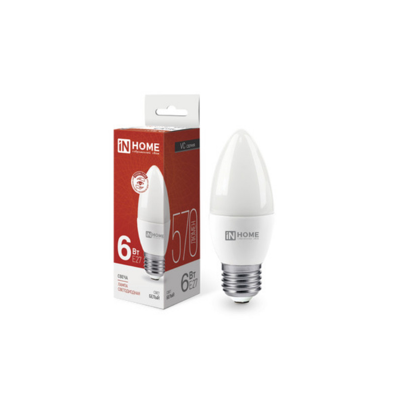 Лампа светодиодная LED-СВЕЧА-VC 6Вт 230В Е27 4000К 570Лм IN HOME