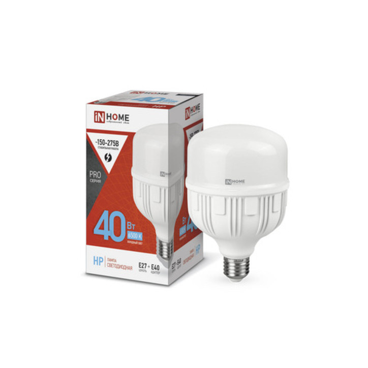 Лампа светодиодная LED-HP-PRO 40Вт 230В Е27 с адаптером E40 6500К 3800Лм IN HOME Лампа светодиодная LED-HP-PRO 40Вт 230В Е27 с адаптером E40 6500К 3800Лм IN HOME