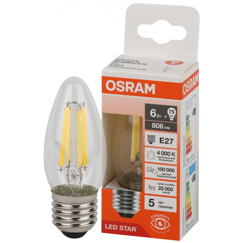 Лампа светодиодная филаментная LED Star Свеча 6Вт (замена 75Вт), 806Лм, 6500К, цоколь E27 OSRAM