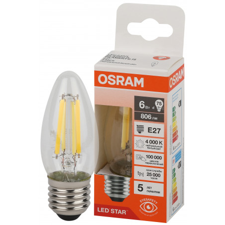 Лампа светодиодная филаментная LED Star Свеча 6Вт (замена 75Вт), 806Лм, 6500К, цоколь E27 OSRAM