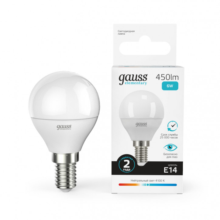 Лампа светодиодная LED 6 Вт 450 лм 4100К шар P45 нейтральный E14 AC 220В Elementary Gauss Лампа светодиодная LED 6 Вт 450 лм 4100К шар P45 нейтральный E14 AC 220В Elementary Gauss