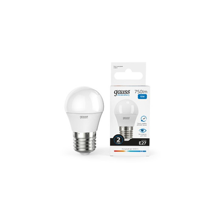 Лампа Gauss Elementary Шар 10W 750lm 6500K Е27 LED 1/10/100 Лампа Gauss Elementary Шар 10W 750lm 6500K Е27 LED 1/10/100