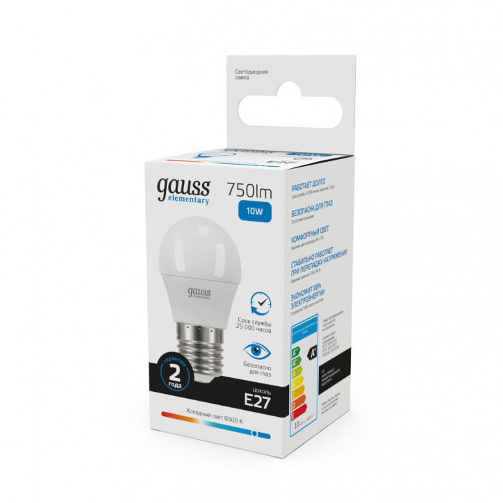 Лампа Gauss Elementary Шар 10W 750lm 6500K Е27 LED 1/10/100 Лампа Gauss Elementary Шар 10W 750lm 6500K Е27 LED 1/10/100