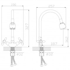 Смеситель для кухни с 2-мя рукоятками, с силиконовым изливом, крепеж гайка, белый