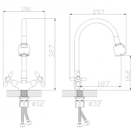 Смеситель для кухни с 2-мя рукоятками, с силиконовым изливом, крепеж гайка, белый