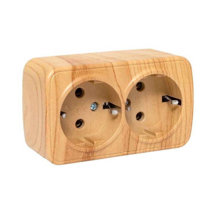 Розетка 2-местная ОП Минск 16А с заземлением светлое дерево Розетка 2-местная ОП Минск 16А с заземлением светлое дерево