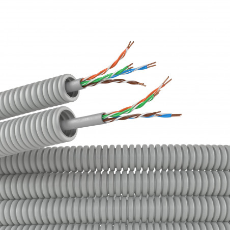 Электротруба ПВХ гибкая гофрированная д.16мм цвет серый с кабелем витая пара 5EU/UTP нг(А)-HF 100м