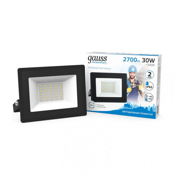 Прожектор светодиодный ДО 30 Вт 2700 лм 6500К AC 220В IP65 126х136х30мм Elementary G2 Gauss Прожектор светодиодный ДО 30 Вт 2700 лм 6500К AC 220В IP65 126х136х30мм Elementary G2 Gauss