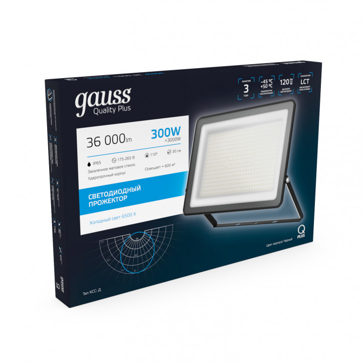 Прожектор Gauss Qplus 300W 36000lm 6500K 175-265V IP65 черный LED 1/2 Прожектор Gauss Qplus 300W 36000lm 6500K 175-265V IP65 черный LED 1/2