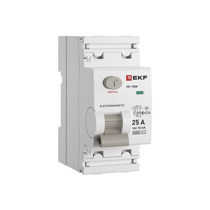 Выключатель дифференциального тока ВД-100N 2P 25А 10мА тип AC эл-мех 6кА PROXIMA Выключатель дифференциального тока ВД-100N 2P 25А 10мА тип AC эл-мех 6кА PROXIMA