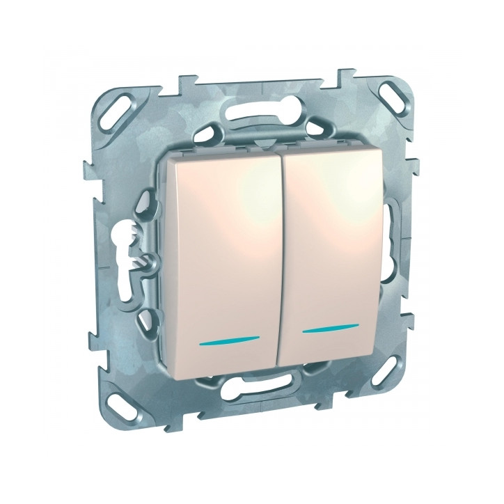 UNICA Выключатель двухклавишный с индикацией в рамку бежевый