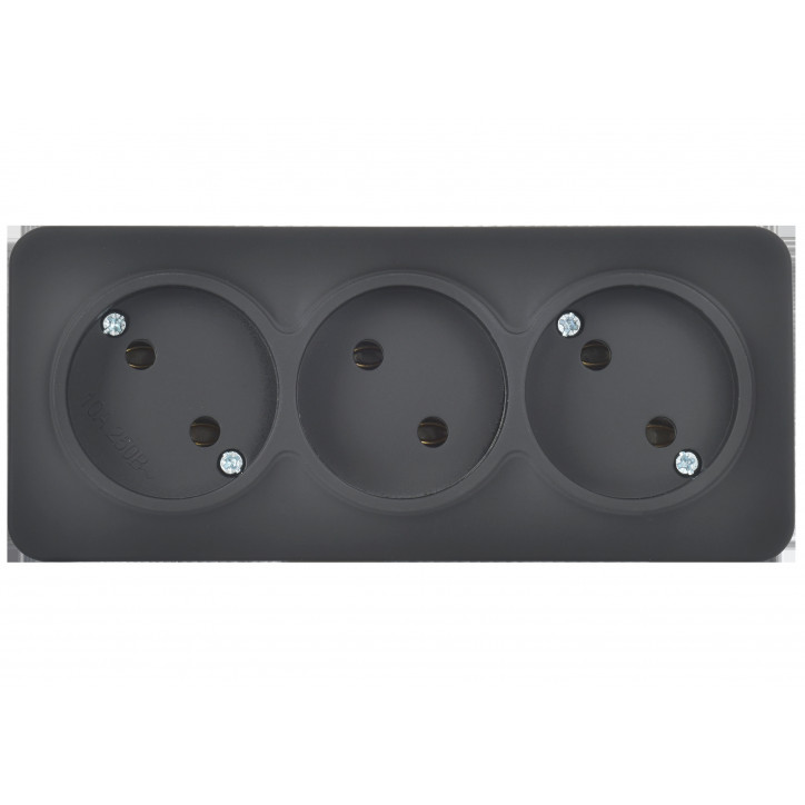 GLORY Розетка 3-местная для открытой установки без заземления без защитных шторок 10А РС23-2-ХЧм черный матовый IEK GLORY Розетка 3-местная для открытой установки без заземления без защитных шторок 10А РС23-2-ХЧм черный матовый IEK