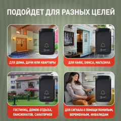 Звонок дверной беспроводной на батарейках 38 мелодий 180м IP20 с регулятором громкости и световой индикацией черный 3АА/А23 C88