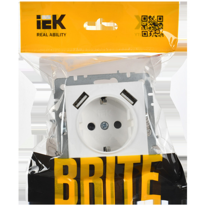 BRITE Розетка 1-местная с заземлением с защитными шторками 16А с USB A+A 5В 2,1А РЮш10-1-БрАБ арктический белый IEK