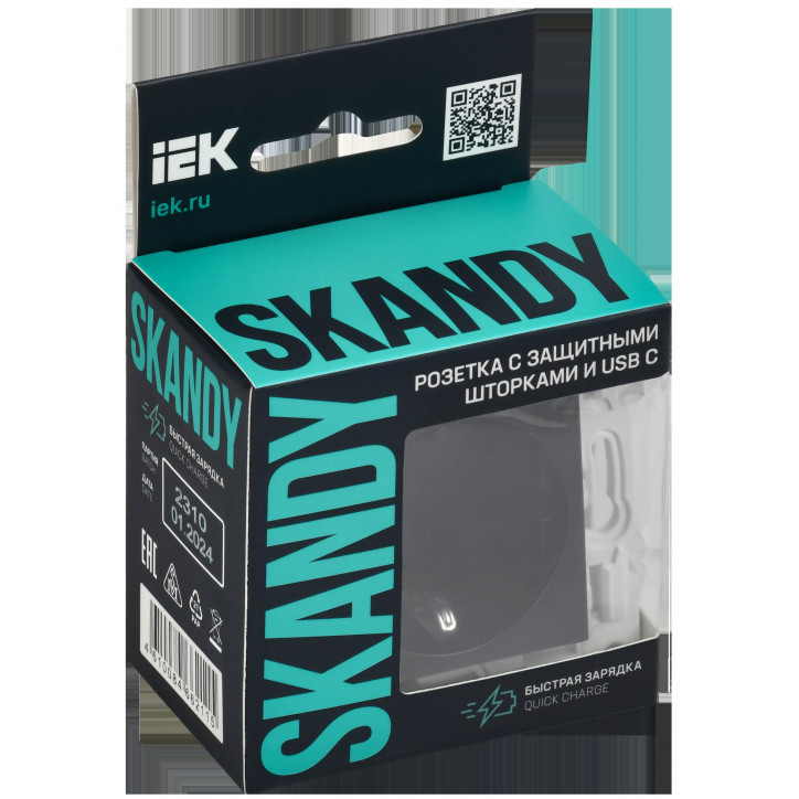 SKANDY Розетка с заземлением с защитными шторками 16А с USB C 18Вт SK-R17Bl черный IEK