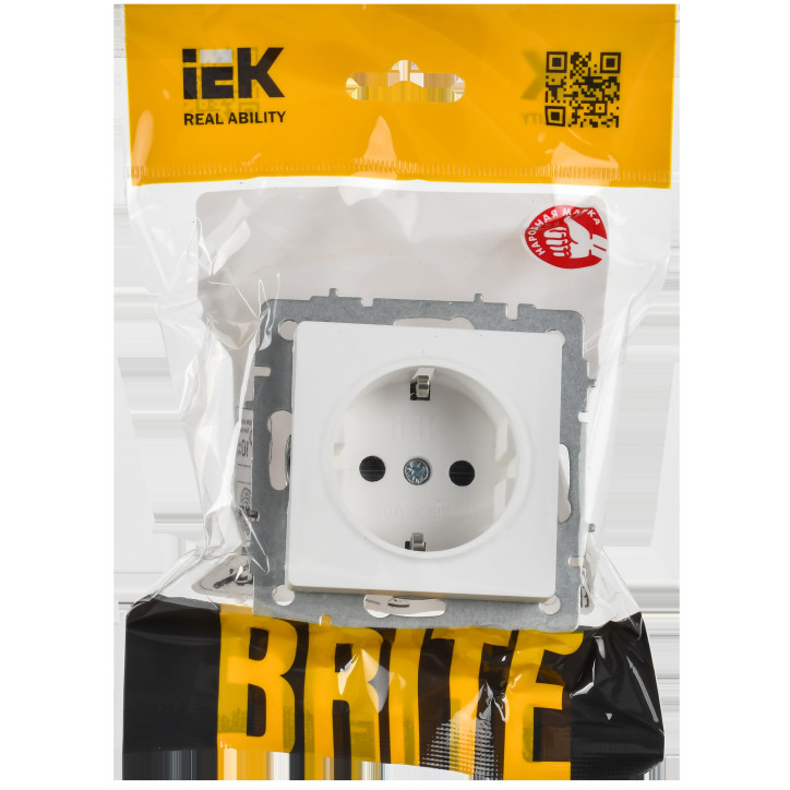 BRITE Розетка 1-местная с заземлением с защитными шторками 16А безвинтовое крепление РС24-1-0-БрАБ арктический белый IEK