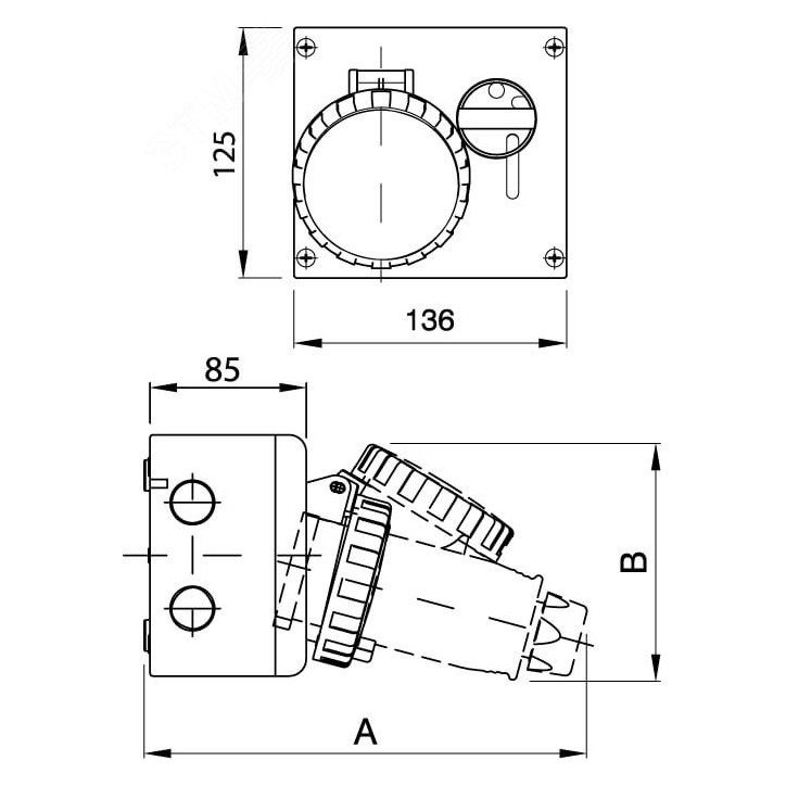 Розетка наружной установки IP67 32А 2P+E 230В с механической блокировкой и верхним расположением разъема Розетка наружной установки IP67 32А 2P+E 230В с механической блокировкой и верхним расположением разъема