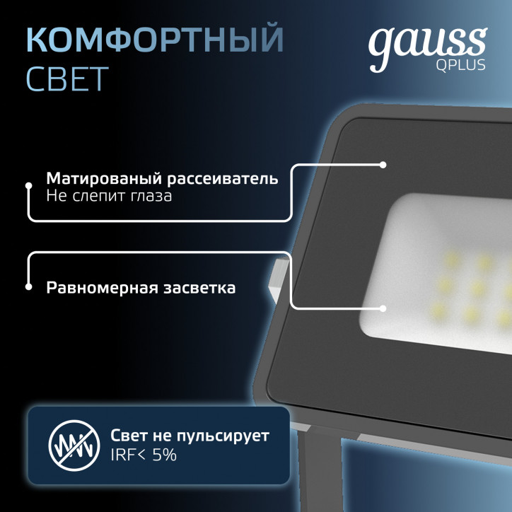 Прожектор светодиодный ДО 10 Вт 1050 лм 6500К AC 220В IP65 82х28х100мм матрированное закаленное стекло Qplus Gauss
