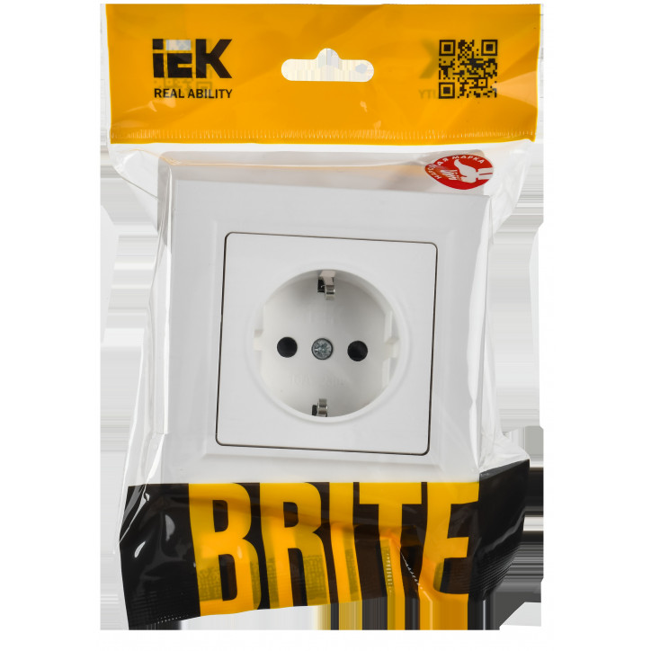 BRITE Розетка 1-местная с заземлением с защитными шторками 16А в сборе РСР14-1-0-БрАБ арктический белый IEK