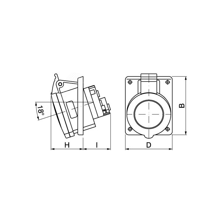 Розетка скрытой установки с наклоном IP44 32А 3P+E 400В. Пружинный зажим.