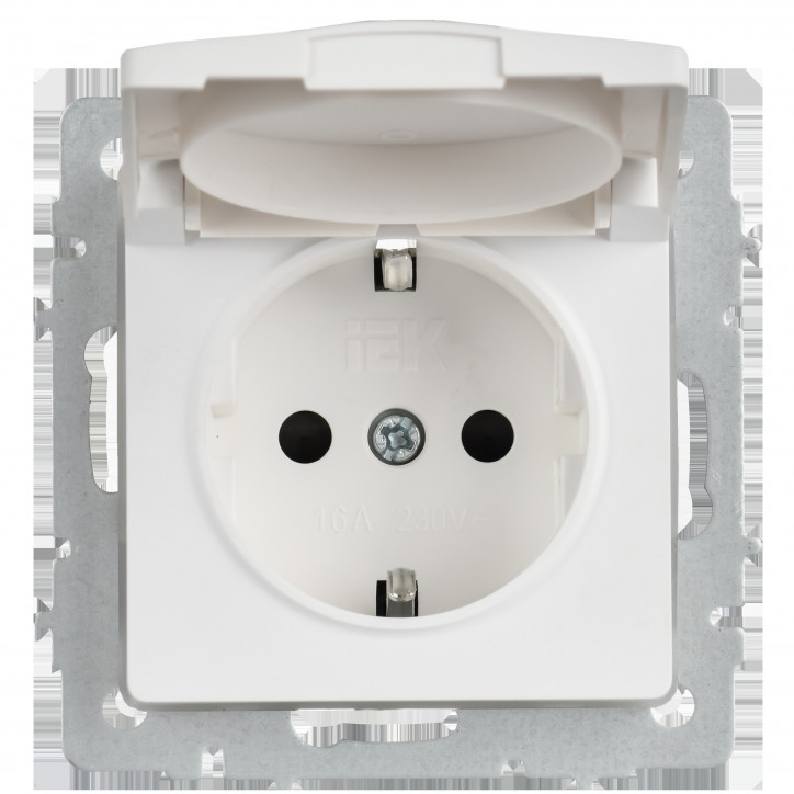 BRITE Розетка 1-местная с заземлением с защитными шторками и крышкой 16А IP44 РСбш10-3-44-БрАБ арктический белый IEK