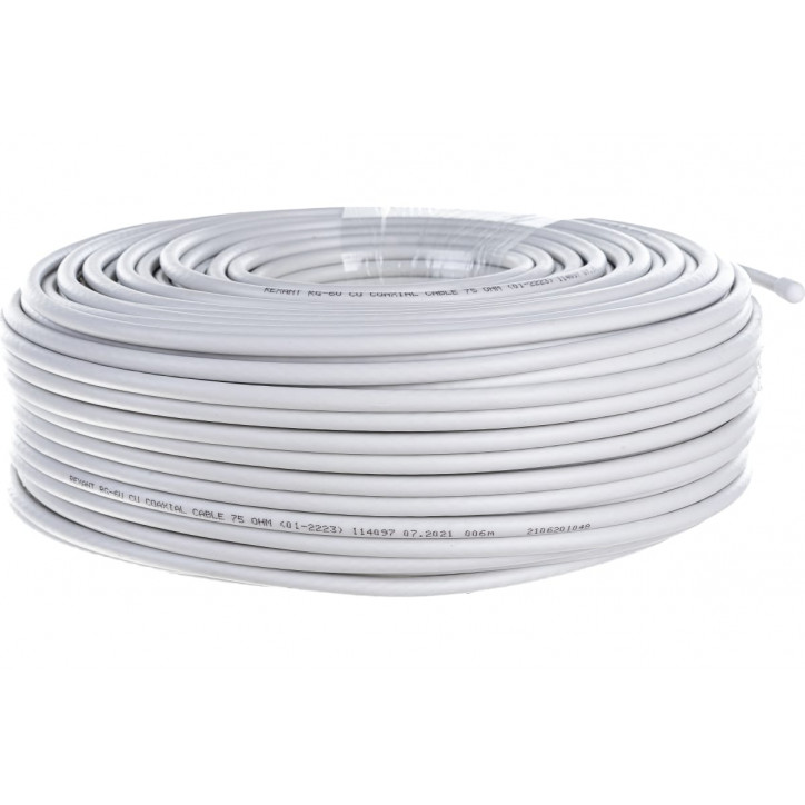 Кабель коаксиальный RG-6U+Cu, 75 Ом, Cu/Al/Cu, 75%, бухта 100 м, белый, REXANT Кабель коаксиальный RG-6U+Cu, 75 Ом, Cu/Al/Cu, 75%, бухта 100 м, белый, REXANT