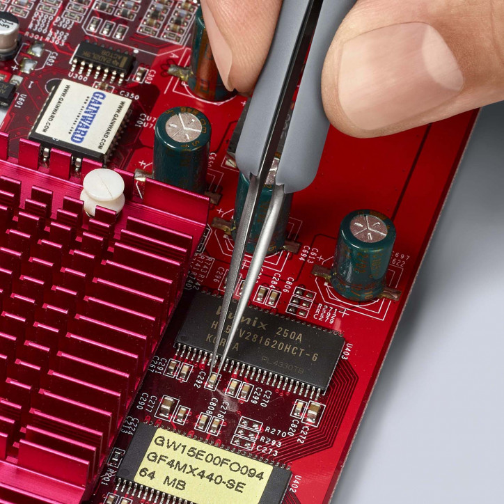 Пинцет ESD антистатический, премиальная нержавеющая сталь, обрезиненная рукоятка, 112 мм, гладкие прямые игловидные губки, антим