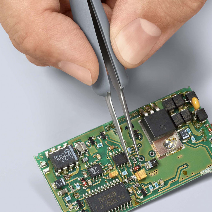 Пинцет ESD антистатический, премиальная нержавеющая сталь, обрезиненная рукоятка, 112 мм, гладкие прямые игловидные губки, антим