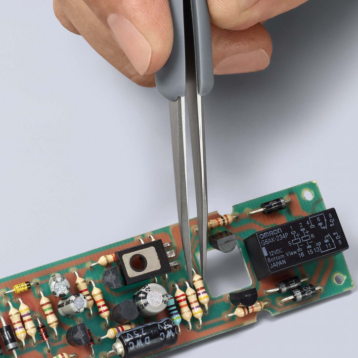 Пинцет ESD антистатический, премиальная нержавеющая сталь, обрезиненная рукоятка, 130 мм, гладкие прямые острые губки, антимагни