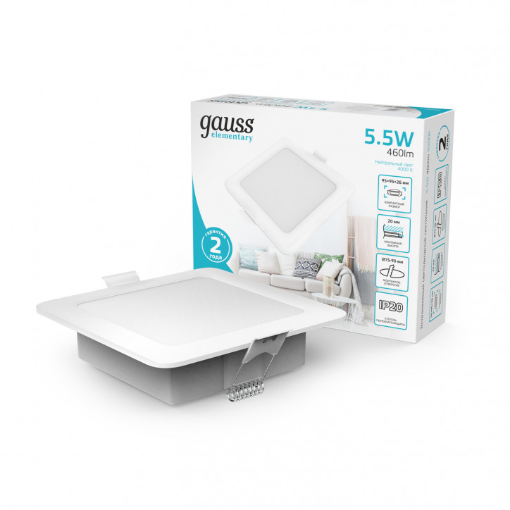 Светильник светодиодный ДВО 5.5 Вт 460 лм 4000К AC 220В IP20 квадрат 95х95х26мм монт разм 75х75мм Пластик Elementary Gauss Светильник светодиодный ДВО 5.5 Вт 460 лм 4000К AC 220В IP20 квадрат 95х95х26мм монт разм 75х75мм Пластик Elementary Gauss