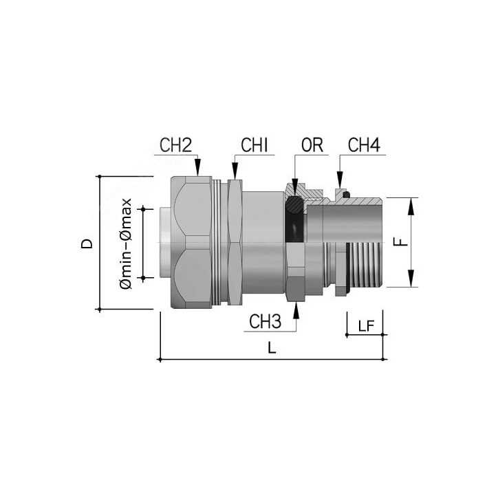 Муфта металлорукав-коробка DN 12 с уплотнением кабеля IP68 М20х15 D-8 - 12мм