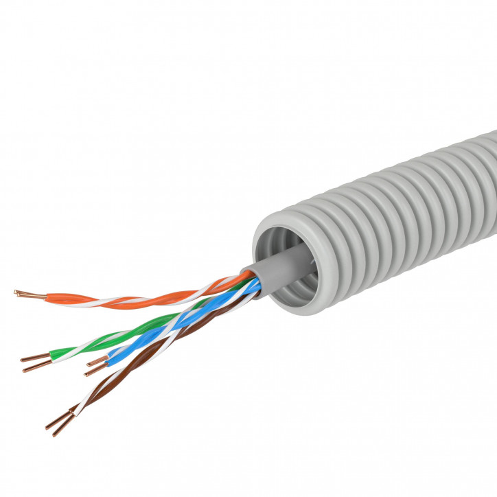 Электротруба ПВХ гибкая гофрированная д.16мм цвет серый с кабелем витая пара 5EU/UTP нг(А)-HF 100м Электротруба ПВХ гибкая гофрированная д.16мм цвет серый с кабелем витая пара 5EU/UTP нг(А)-HF 100м