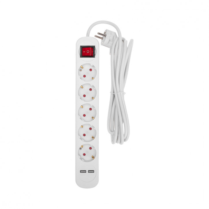 Удлинитель STANDARD 5 гнезд, 3 м, 3х1,0 мм2, с/з, с выключателем, 2 USB, белый