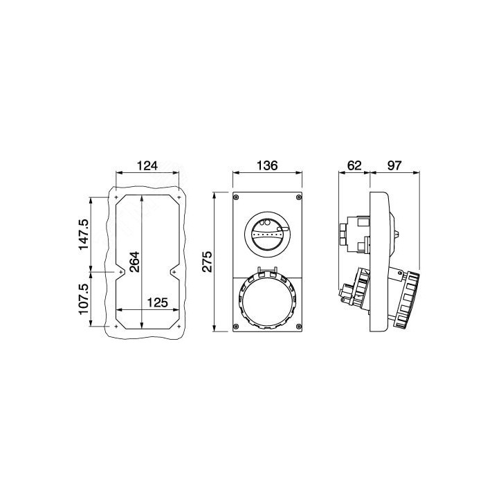 Розетка панельная 63А 3P+N+E 400В верхнее размещение разъема и механическая блокировка Розетка панельная 63А 3P+N+E 400В верхнее размещение разъема и механическая блокировка