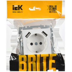 BRITE Розетка 1-местная с заземлением с защитными шторками 16А с USB A+A 5В 3,1А РЮш10-2-БрАБ арктический белый IEK