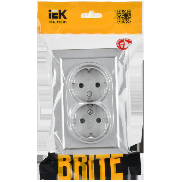 BRITE Розетка двойная с заземлением без защитных шторок 16А в сборе РС12-3-БрА алюминий