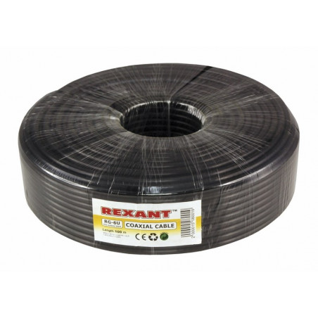 Кабель коаксиальный RG-6U+Cu, 75 Ом, Cu/Al/Cu, 64%, бухта 100 м, черный OUTDOOR, REXANT
