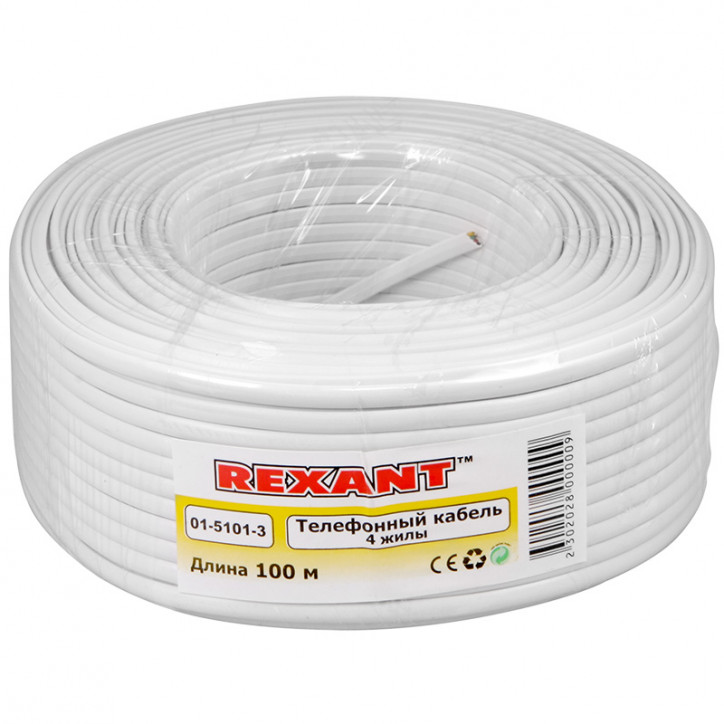 Телефонный кабель ШТЛП 4 жилы CCA, белый, 100м, REXANT Телефонный кабель ШТЛП 4 жилы CCA, белый, 100м, REXANT