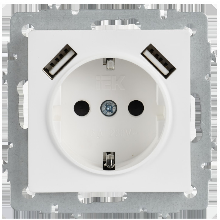 BRITE Розетка 1-местная с заземлением с защитными шторками 16А с USB A+A 5В 2,1А РЮш10-1-БрАБ арктический белый IEK