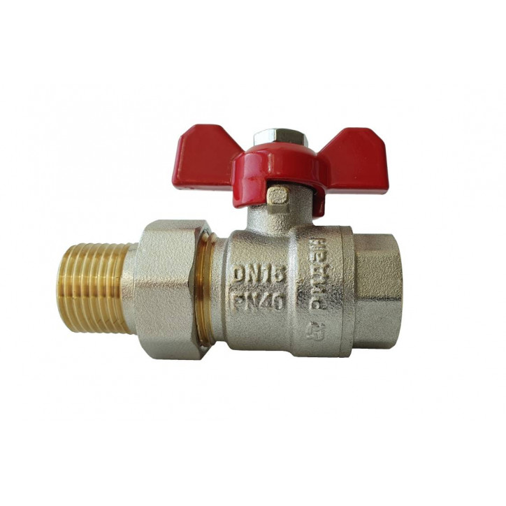 Кран шаровой BVR-FR ГОСТ Р 59553 с накидной гайкой и ниппелем DN15 PN40 Т от -20С ...+120С материал корпуса латунь,'рукоятка-баб Кран шаровой BVR-FR ГОСТ Р 59553 с накидной гайкой и ниппелем DN15 PN40 Т от -20С ...+120С материал корпуса латунь,'рукоятка-баб