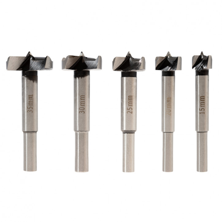 Набор сверл Форстнера (петельных) по дереву, 10-15-20-25-35 х 73 мм, 5 шт, цилиндрический хвостовик