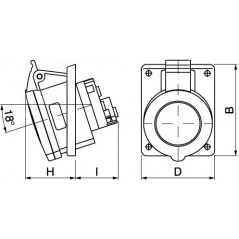 Розетка скрытой установки с наклоном IP44 16А 3P+E 400В. Пружинный зажим.