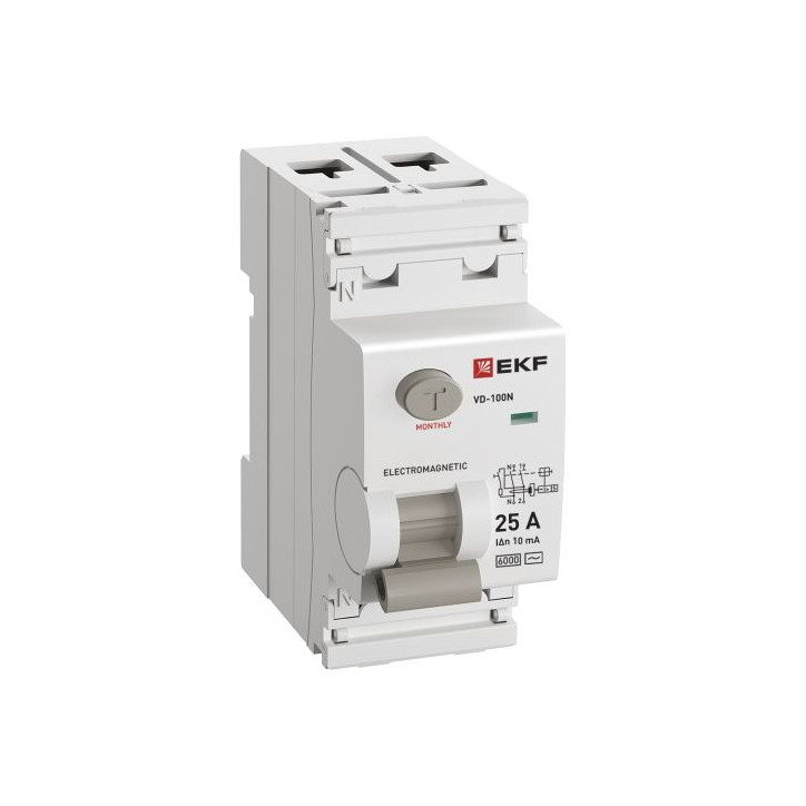 Выключатель дифференциального тока ВД-100N 2P 25А 10мА тип AC эл-мех 6кА PROXIMA Выключатель дифференциального тока ВД-100N 2P 25А 10мА тип AC эл-мех 6кА PROXIMA