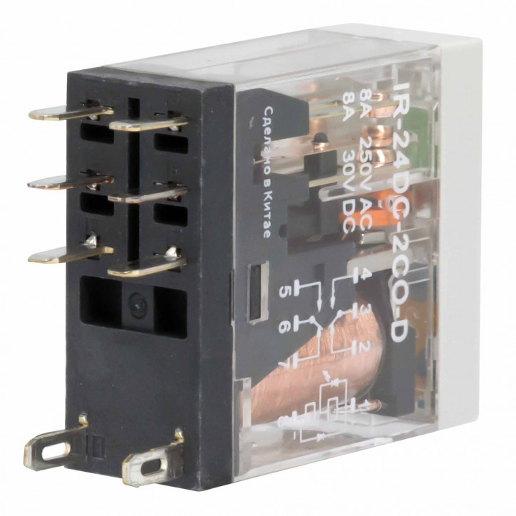 Реле миниатюрное промышленное, 2CO, ком. ток 8А, AgSnO2, напряжение 24V DC, опция: тест-кнопка+светодиод+защитный диод