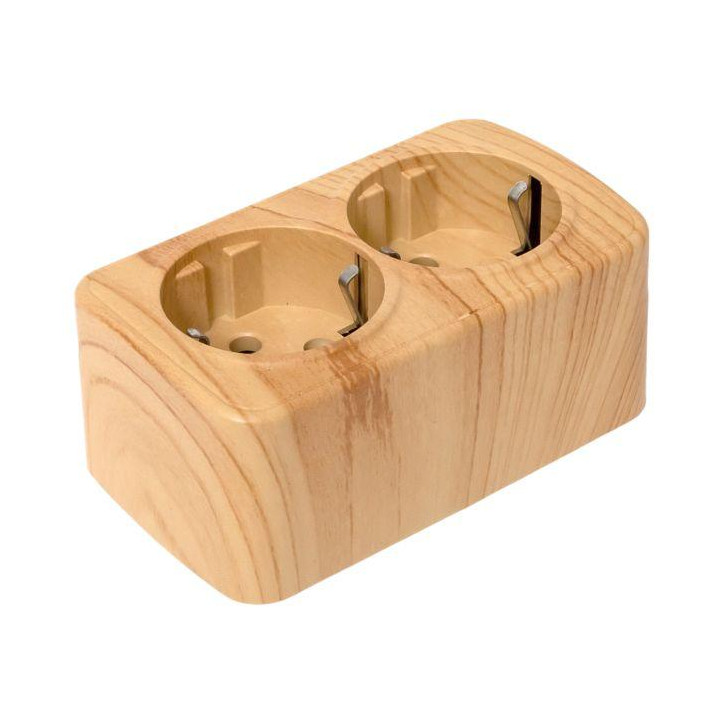 Розетка 2-местная ОП Минск 16А с заземлением светлое дерево Розетка 2-местная ОП Минск 16А с заземлением светлое дерево