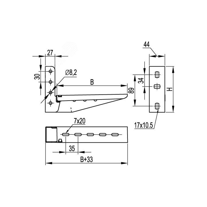 Консоль с опорой ML 150 мм облегченная 1.5мм