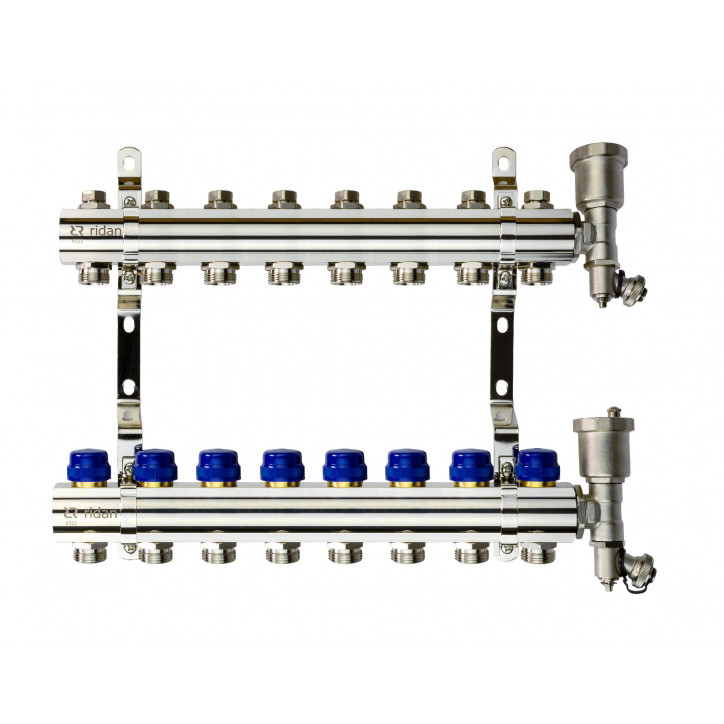 Коллекторная группа FHF-8R set 8 контуров 1'x3/4' c воздухоотводчиками и кронштейнами Коллекторная группа FHF-8R set 8 контуров 1'x3/4' c воздухоотводчиками и кронштейнами